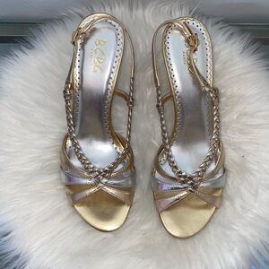 BCBG Strappy metallic gold & silver heels, in good condition